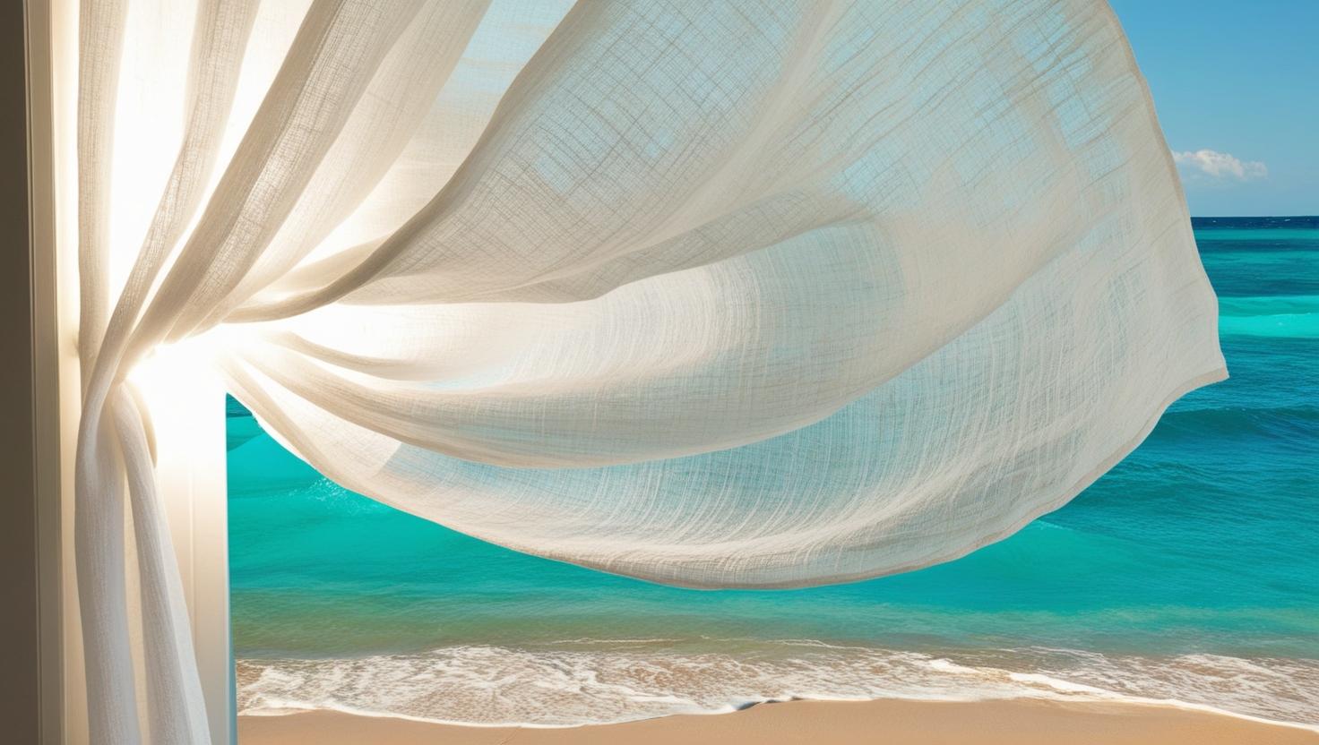 Vorhang weht im Wind mit direktem Blick auf das blaue Meer und Strand